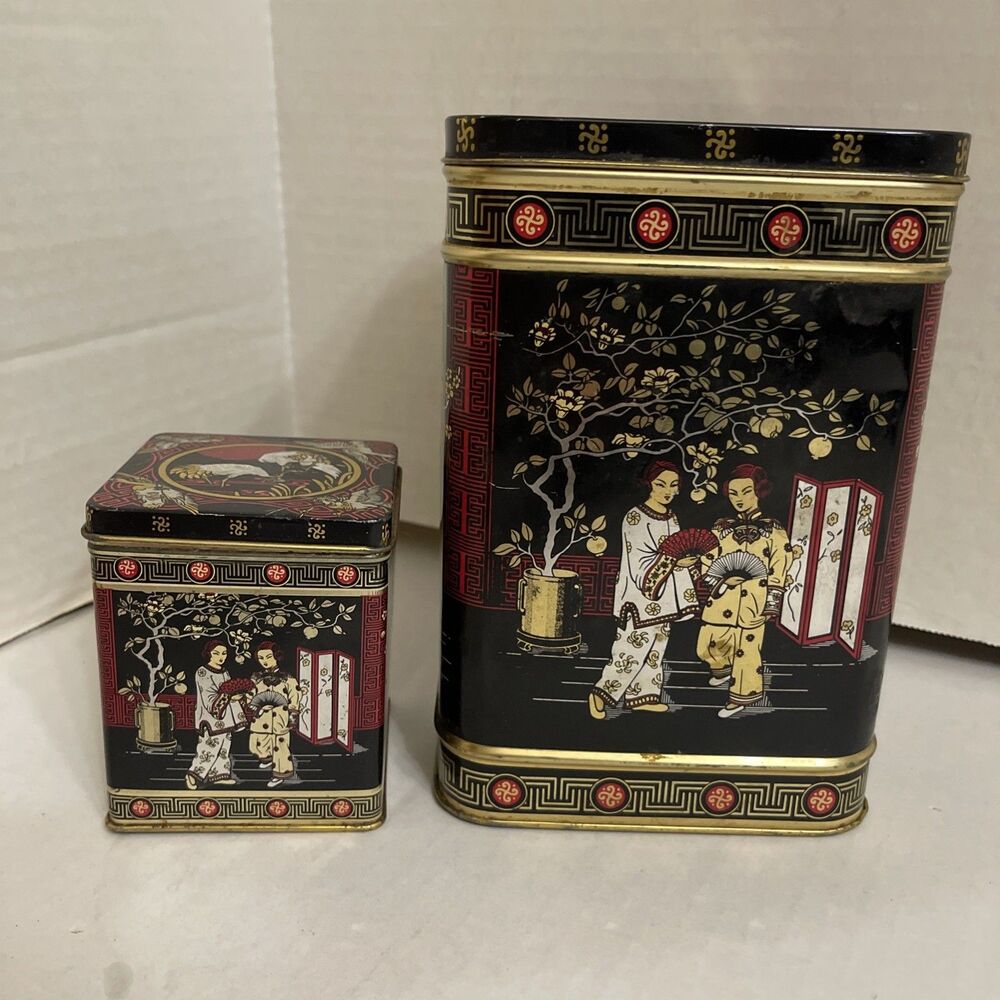 Vintage Chinoiserie Tea Tin Set Matching Pair Made in England Black & Gold 1970s